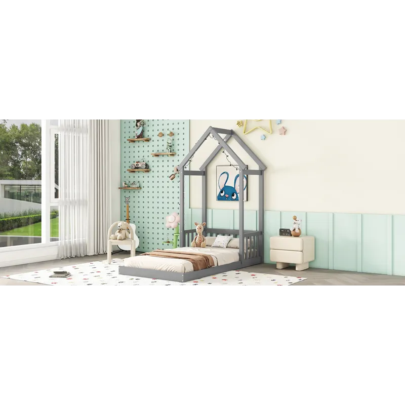 Twin House-Shaped Roof Headboard Floor Bed, (Without Slats) - Gray