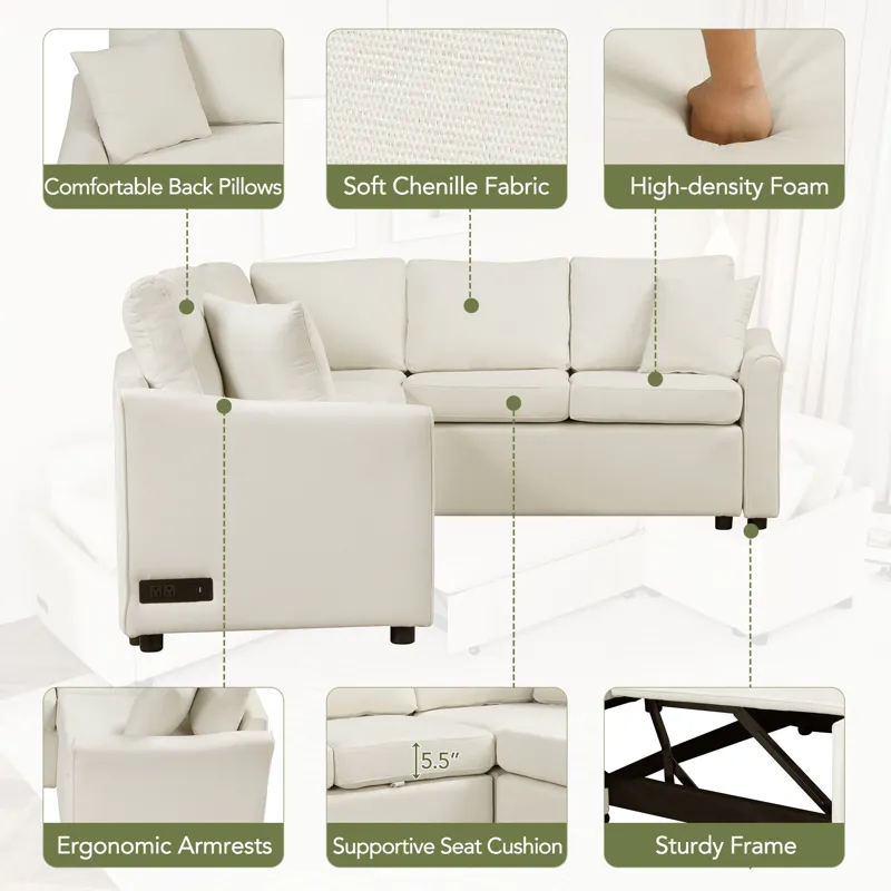 L-Shaped Sofa Convertible Sofa Bed Pull Out Sofa Sleeper With Two Back Pillows, Two USB Ports And Tw