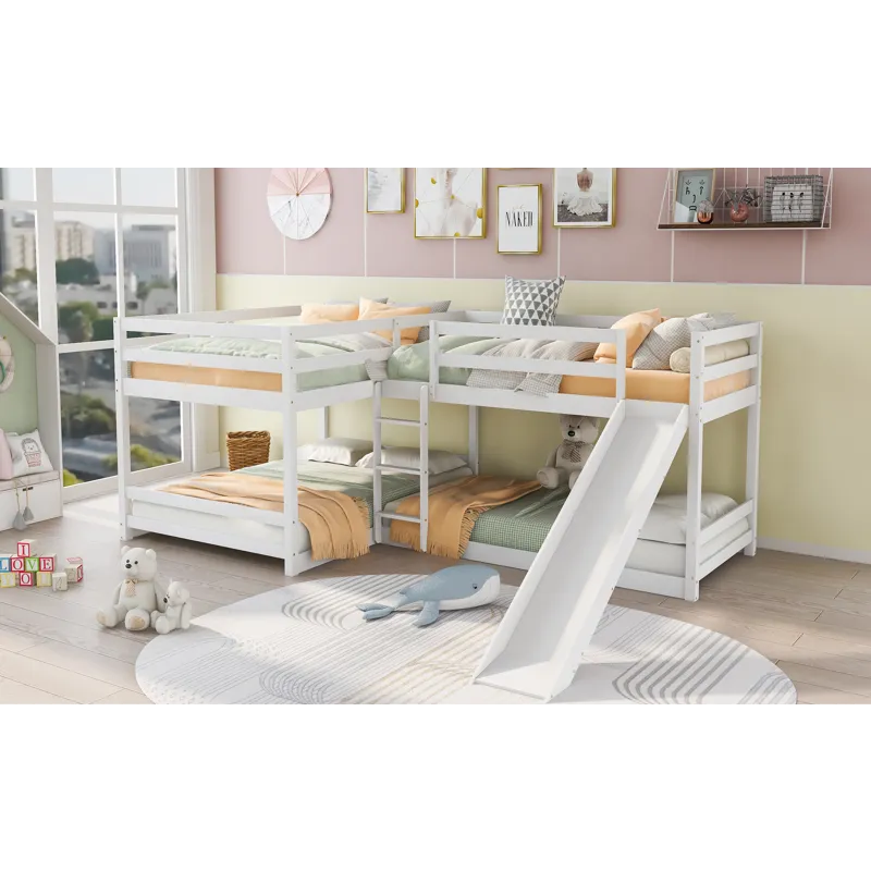 Full And Twin Size L-Shaped Bunk Bed With Slide And Short Ladder - White