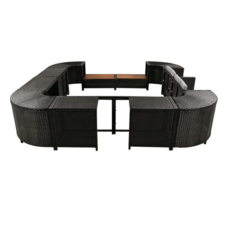 Spa Surround Spa Frame Quadrilateral Outdoor Rattan Sectional Sofa Set With Mini Sofa, Wooden Seats 