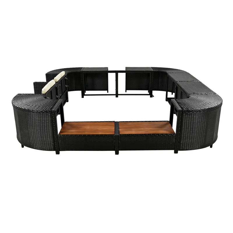Spa Surround Spa Frame Quadrilateral Outdoor Rattan Sectional Sofa Set With Mini Sofa, Wooden Seats 