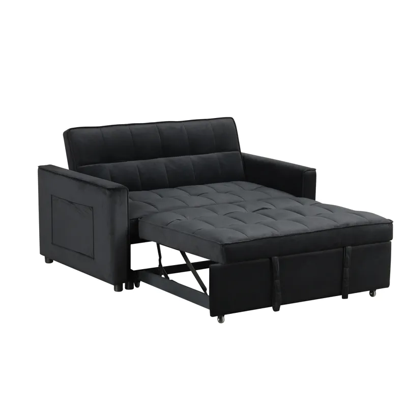 Maeve - 53.5\"W Black Velvet Convertible Sleeper Loveseat With Tufting and Side Pocket