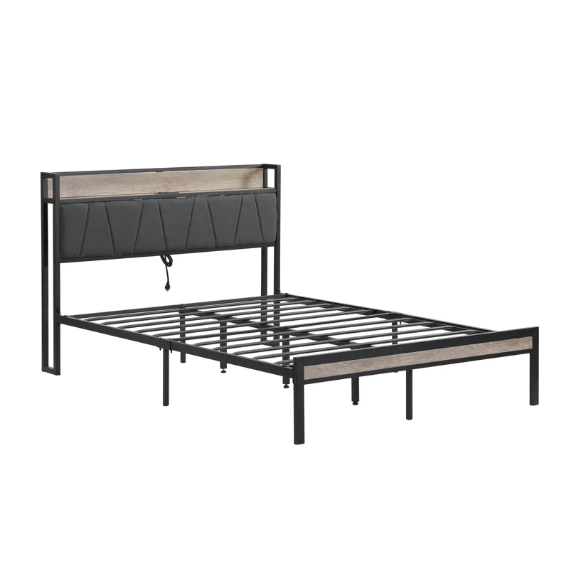 Queen Size Metal Platform Bed Frame With Upholsteryolstery Storage Function Headboard And USB Liner 