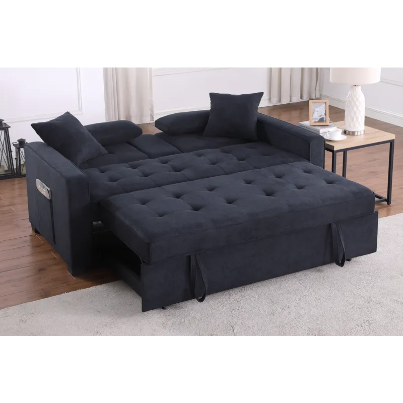 Cody II - 69.5\"W Dark Gray Woven Fabric Convertible Sleeper Loveseat With Cup Holder, Charging Port