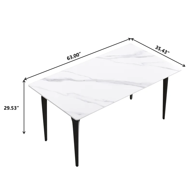 63\" Modern Artificial Stone White Straight Edge Black Metal Leg Dining Table, 6 People - White / Bl