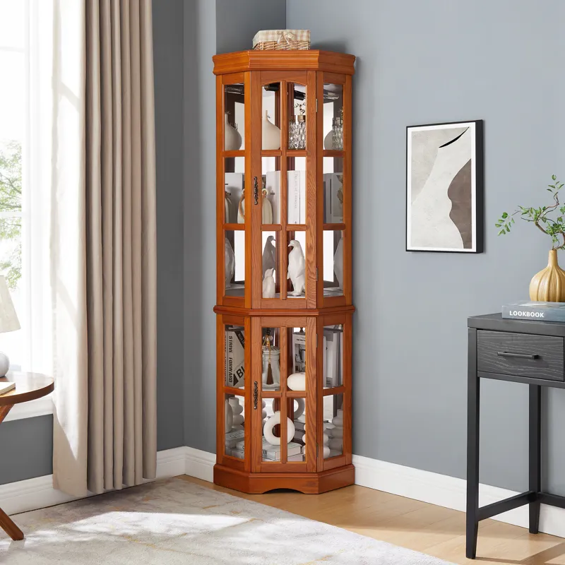 Corner Curio Cabinet With 5 Shelves And Lighting System (E26 Light Bulb Not Included) - Oak