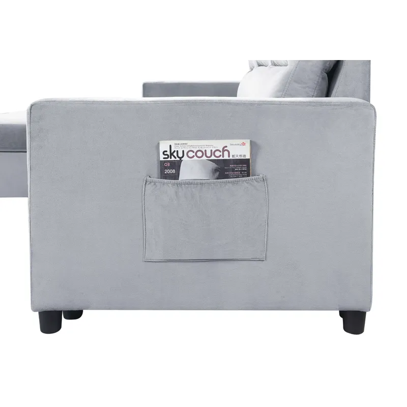 Ruby - Velvet Reversible Sleeper Sectional Sofa With Storage Chaise And Side Pocket - Light Gray