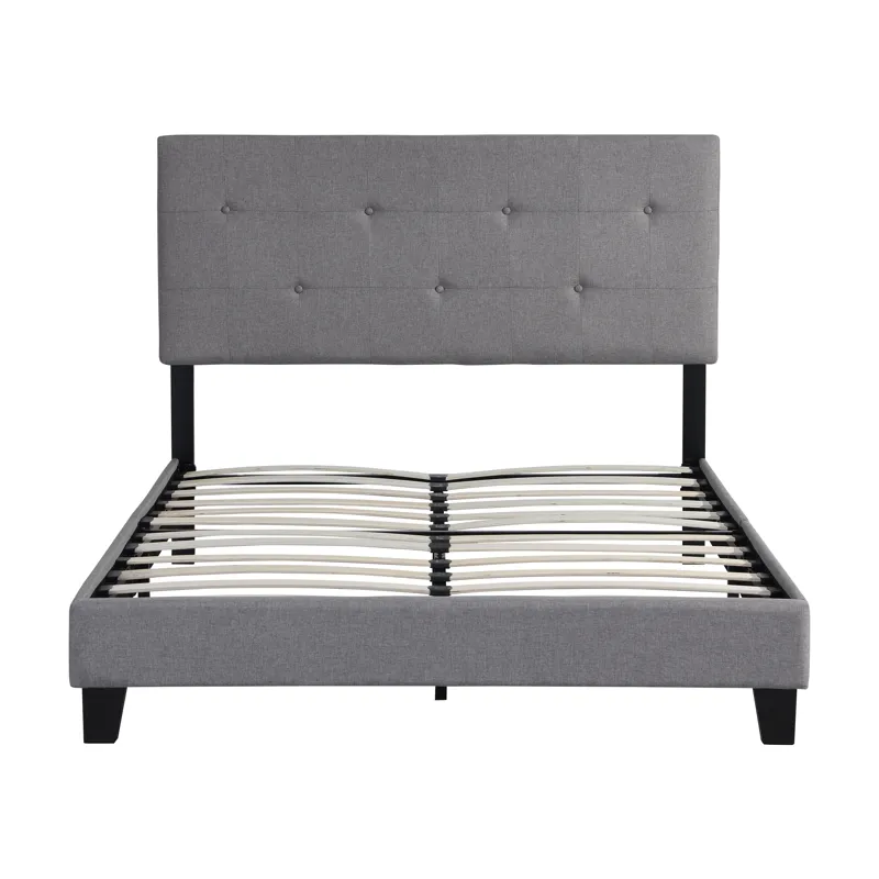Queen Size Upholstered Platform Bed Frame With Button Tufted Linen Headboard, No Box Spring Needed, 