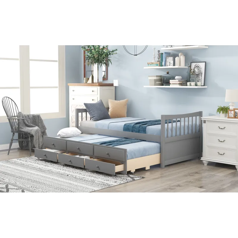 Twin Size Daybed With Trundle And Drawers - Gray