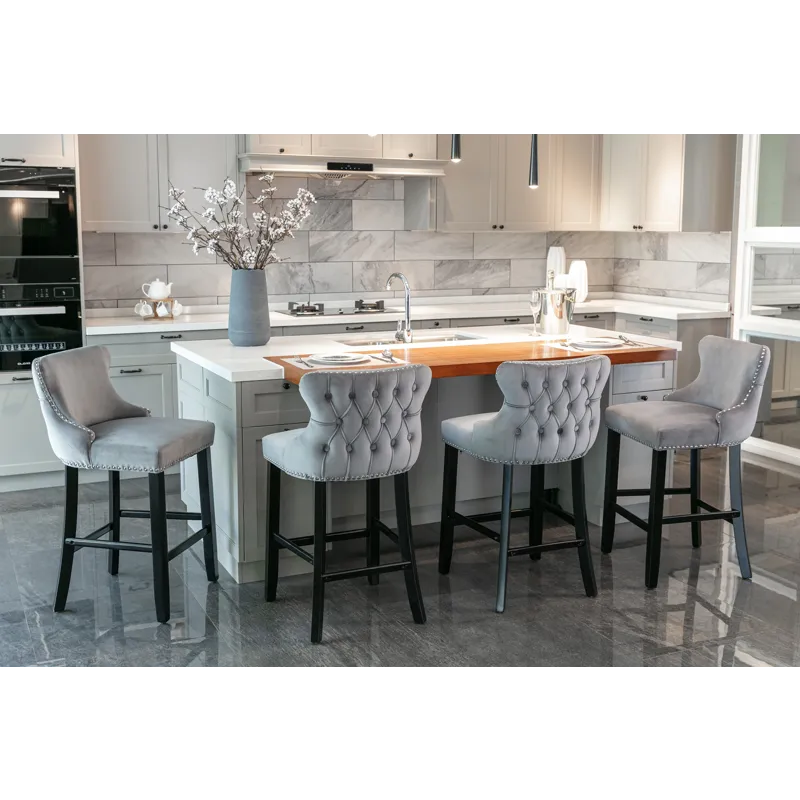 Contemporary Velvet Upholstered Wing-Back Barstools With Button Tufted Decoration And Wooden Legs, A