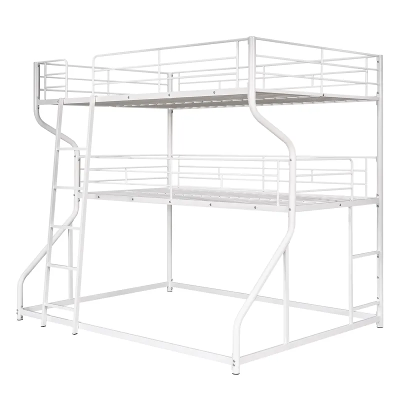 Full Long Over Twin Long Over Queen Size Triple Bunk Bed With Long And Short Ladder - White