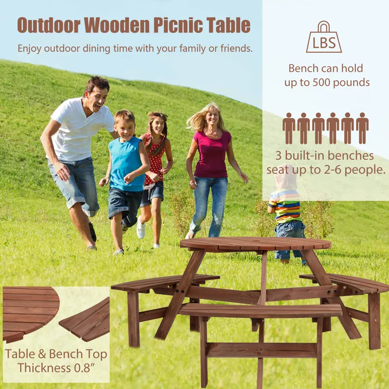 6 Person Circular Outdoor Wooden Picnic Table For Patio, Backyard, Garden, Diy With 3 Built-In Bench