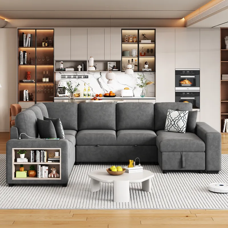 U-Shaped Sectional Sofa Pull-Out Sofa Bed With Two USB Ports, A Storage Chaise Lounge And Four Back 