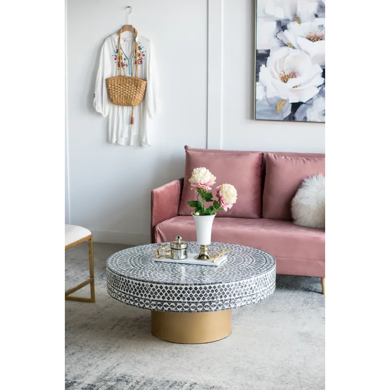 Unique Capiz Coffee Table With Pedestal Base - Gray / Ivory / Gold