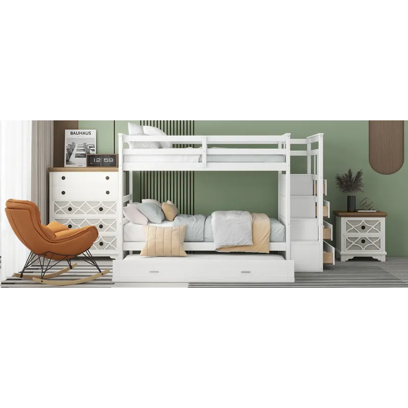Twin Over Twin Bunk Bed With Trundle And Staircase - White