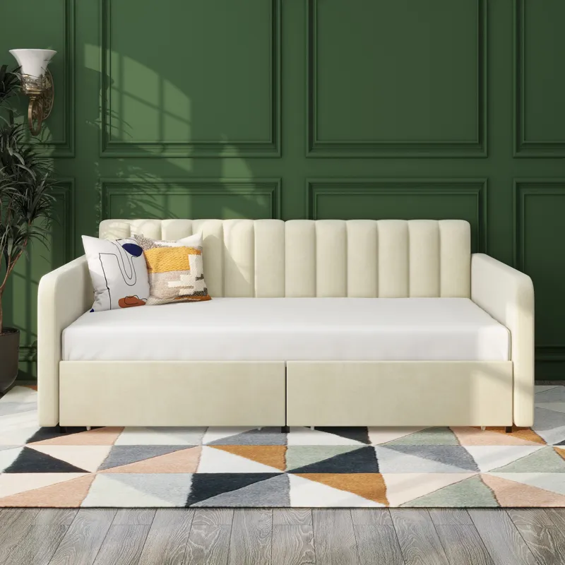 Flora - Twin Upholstered Daybed With 2 Drawers Ribbed Tufted Backrest in Lavish Modern Design - Ivor