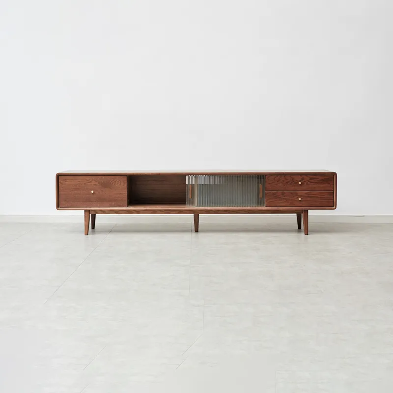 TV Cabinet With Chinese Changhong Glass Doors, Two Drawer Storage Space TV Standing - Walnut