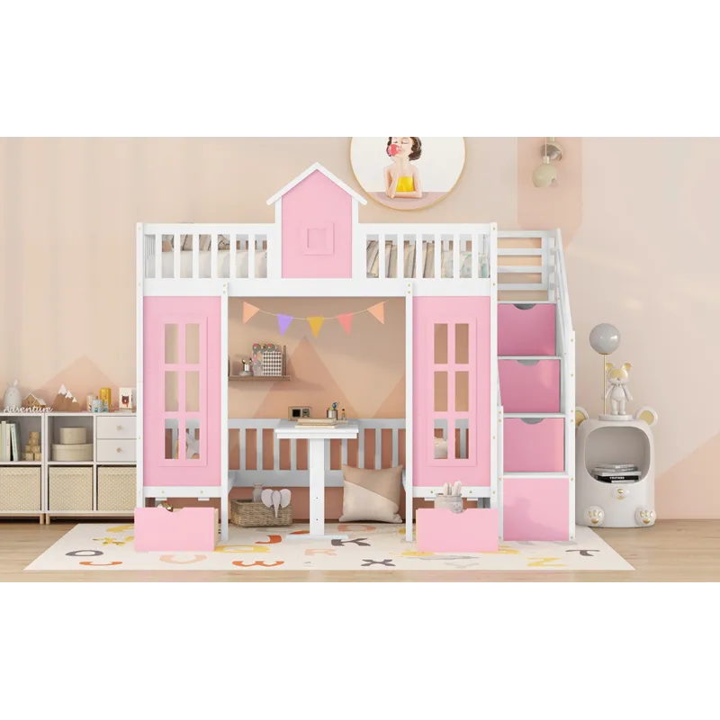 Twin Over Twin Bunk Bed With Changeable Table, Bunk Bed Turn Into Upper Bed And Down Desk - Pink