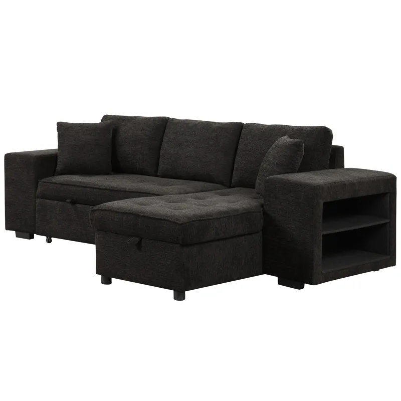 Modern L-Shape 3 Seat Reversible Sectional Couch, Pull Out Sleeper Sofa With Storage Chaise And 2 St
