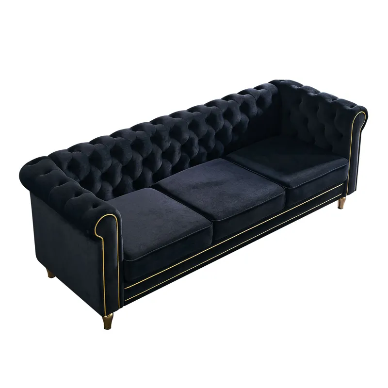 Chesterfield - Velvet Sofa 84.65\" For Living Room - Black