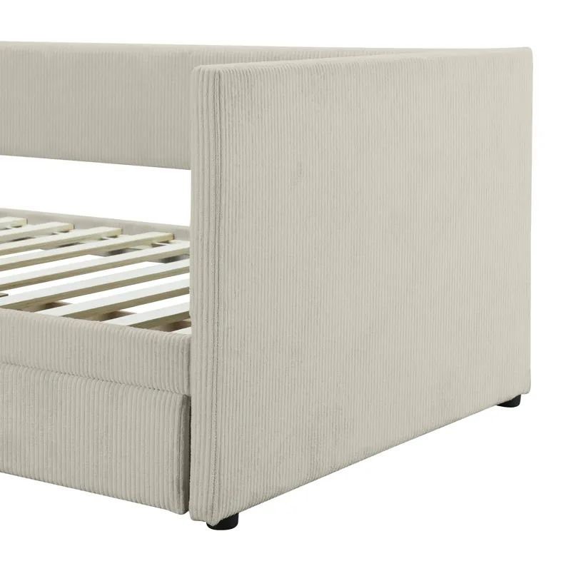 Twin Size Corduroy Daybed With Two Drawers And Wood Slat - Beige