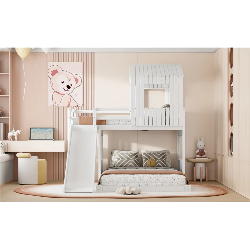 Wooden Twin Over Full Bunk Bed, Loft Bed With Playhouse, Farmhouse, Ladder, Slide And Guardrails - W