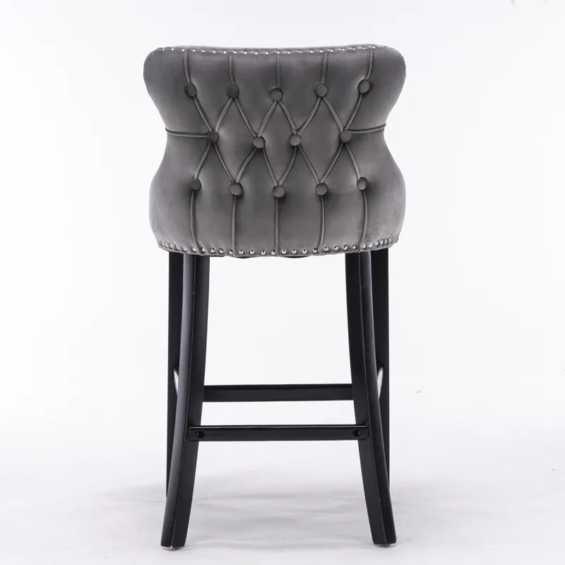 Contemporary Velvet Upholstered Wing-Back Barstools With Button Tufted Decoration And Wooden Legs, A