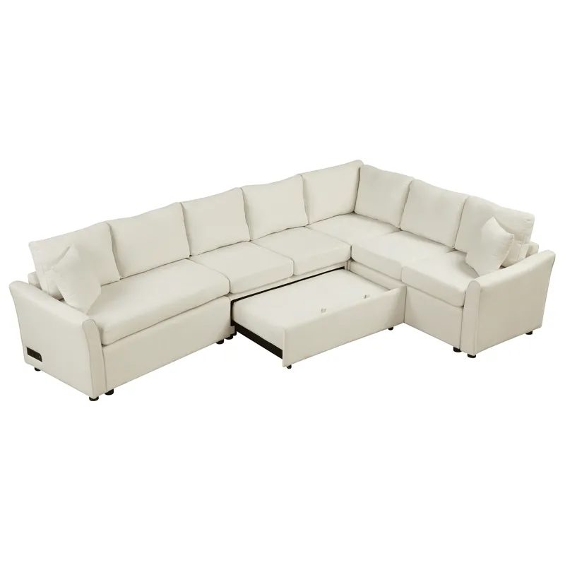 L-Shaped Sofa Convertible Sofa Bed Pull Out Sofa Sleeper With Two Back Pillows, Two USB Ports And Tw