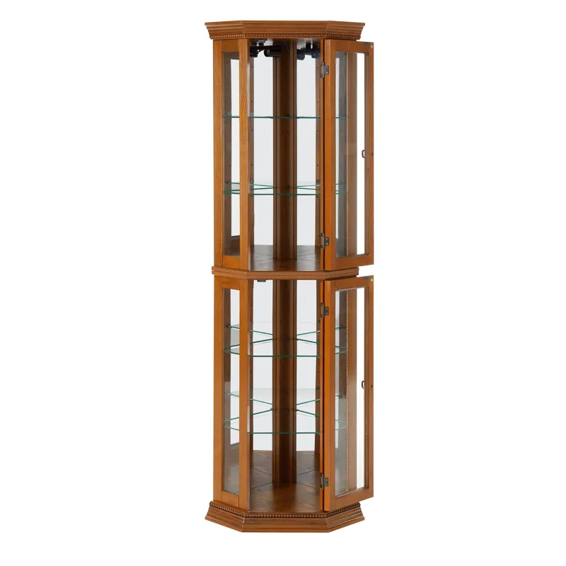 Corner Curio Cabinet With Lights, Adjustable Tempered Glass Shelves, Mirrored Back, Display Cabinet (E26 Light Bulb Not Included) - Oak