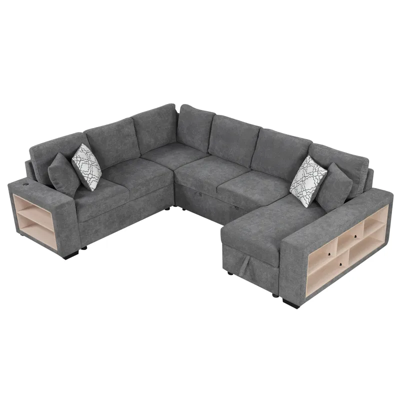 U-Shaped Sectional Sofa Pull-Out Sofa Bed With Two USB Ports, A Storage Chaise Lounge And Four Back 