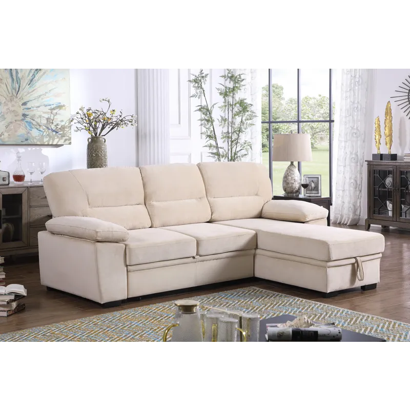 Kipling - Velvet Fabric Reversible Sleeper Sectional Sofa Chaise - Beige