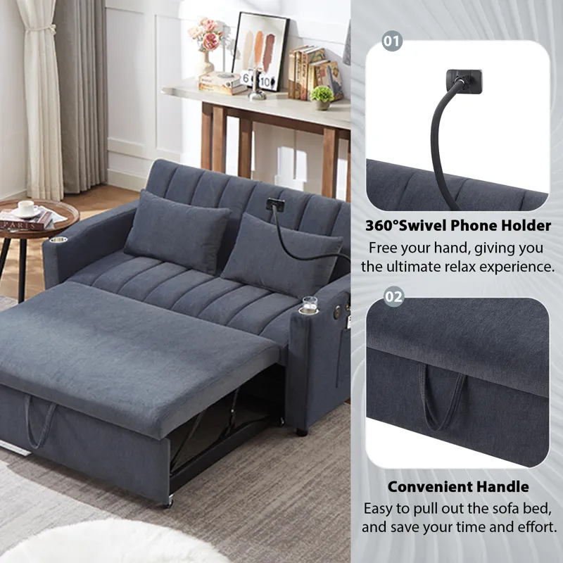 Convertible Sofa Bed Loveseat Sofa With Three USB Ports, Two Side Pockets, Two Cup Holders And 360° 