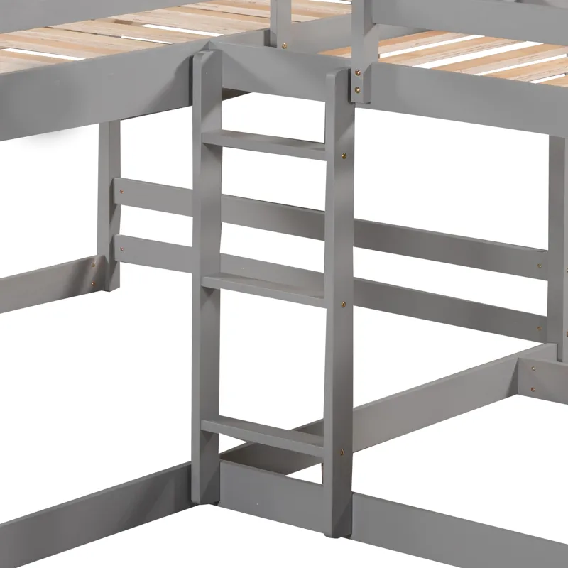Full And Twin Size L-Shaped Bunk Bed With Slide And Short Ladder - Gray