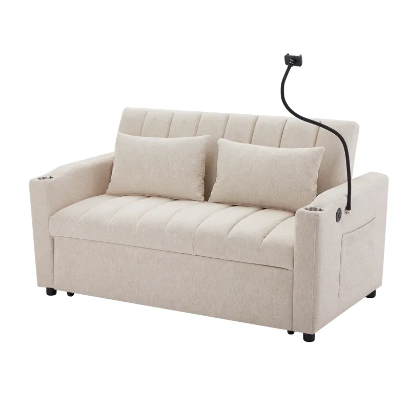 Convertible Sofa Bed Loveseat Sofa With Three USB Ports, Two Side Pockets, Two Cup Holders And 360° 