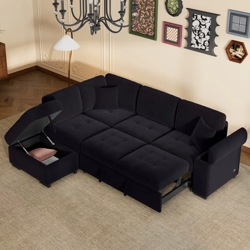 Sleeper Sectional Sofa, L-Shape Corner Couch Sofa Bed With Storage Ottoman & Hidden Arm Storage & US