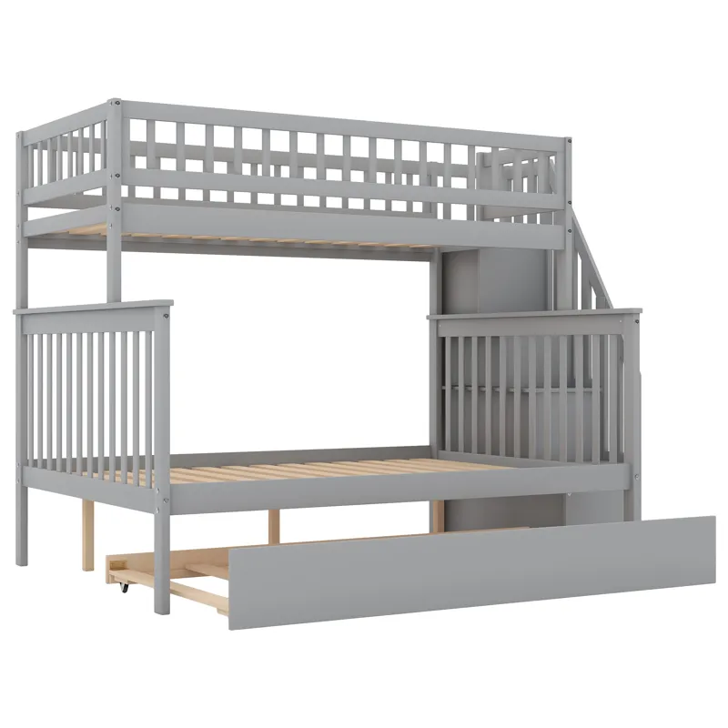 Twin Over Full Bunk Bed With Trundle And Staircase - Gray