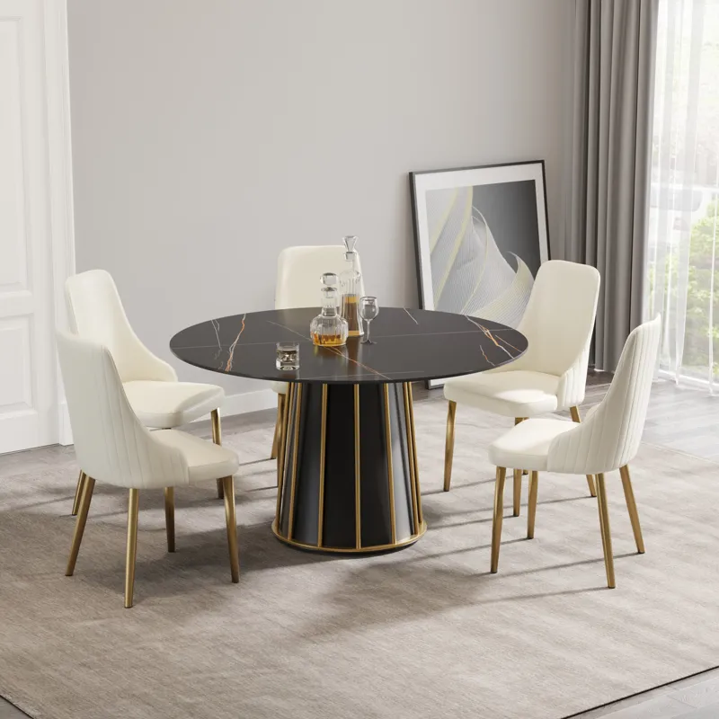 Modern Artificial Stone Round Metal Iron Base Dining Table, Can Accommodate 6 People (Not Including 