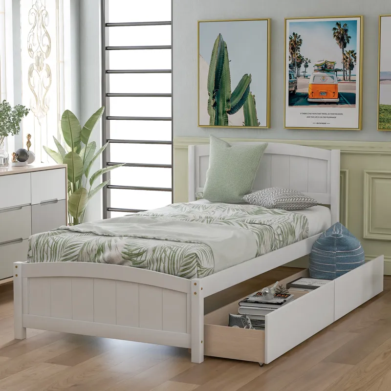 Twin Size Platform Bed & Two Drawers - White