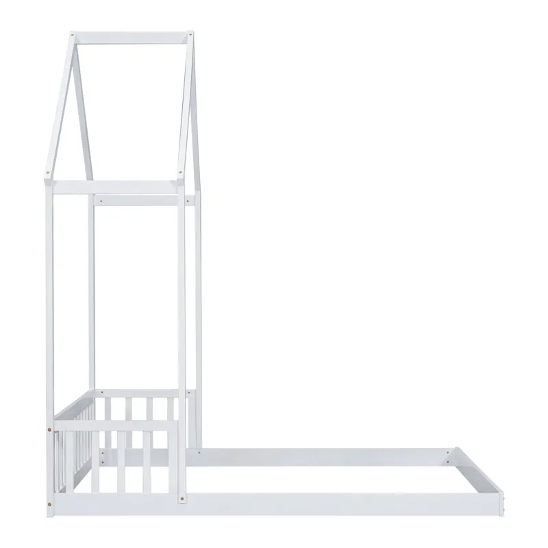 Full Roof-Framed Headboard Floor Bed With Headboard Guardrails - Without Slats White