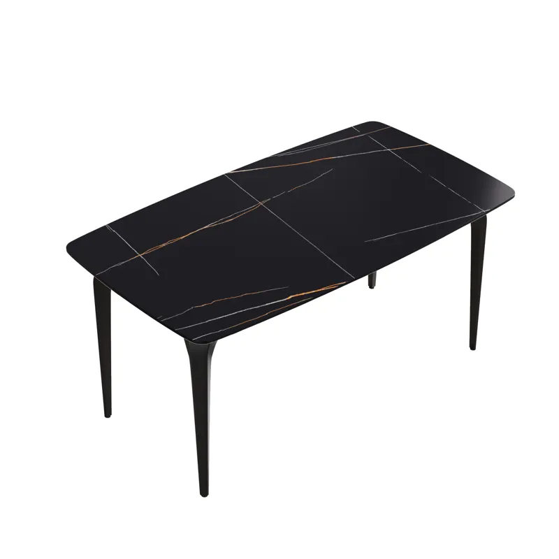 63\" Artificial Stone Black Curved Black Metal Leg Dining Table, 6 People - Black