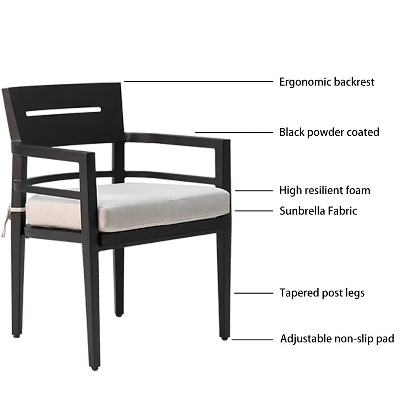 Outdoor Patio Aluminum Stationary Dining Chairs With Outdoor-Grade Sunbrella Fabric Cushions, Tapere