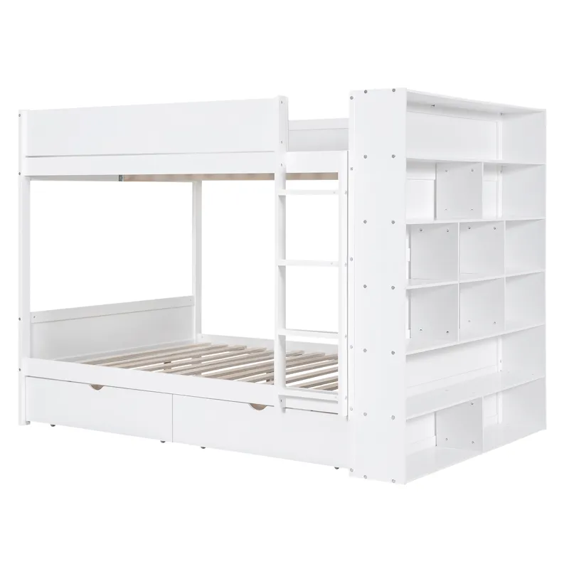 Full Over Full Bunk Bed With 2 Drawers And Multi - Layer Cabinet - White
