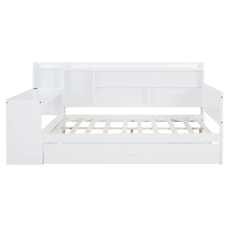 Full Size Wooden Daybed With 3 Drawers, USB Ports And Desk - White