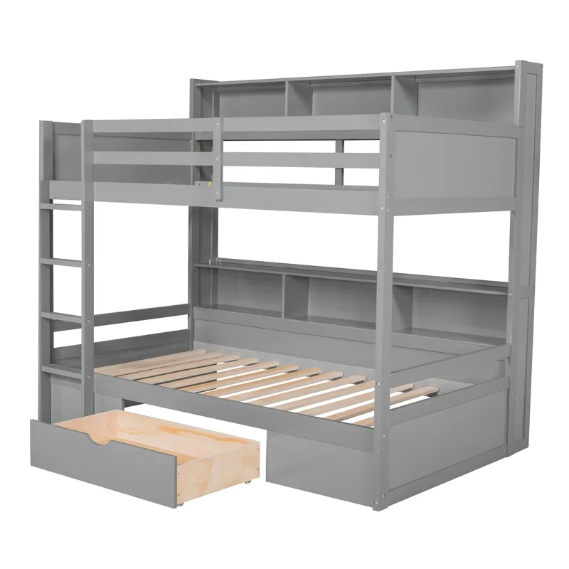 Twin Size Bunk Bed With Built-In Shelves Beside Both Upper And Down Bed And Storage Drawer - Gray