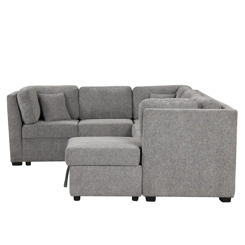 U-Shaped Sectional Sofa Pull Out Sofa Bed With Two USB Ports, Two Power Sockets, Three Back Pillows 