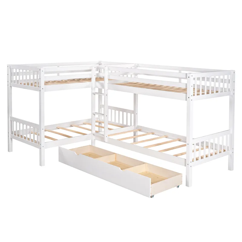 Twin L Shaped Bunk Bed With Drawers - Gray
