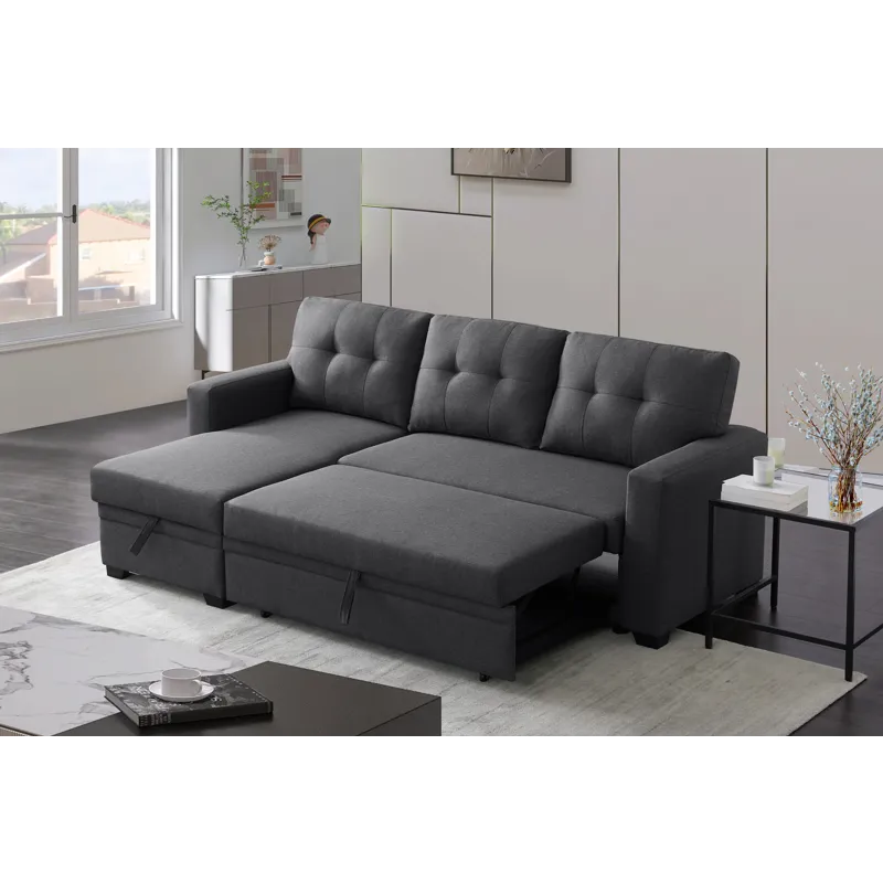 Upholstered Pull Out Sectional Sofa With Chaise - Dark Gray