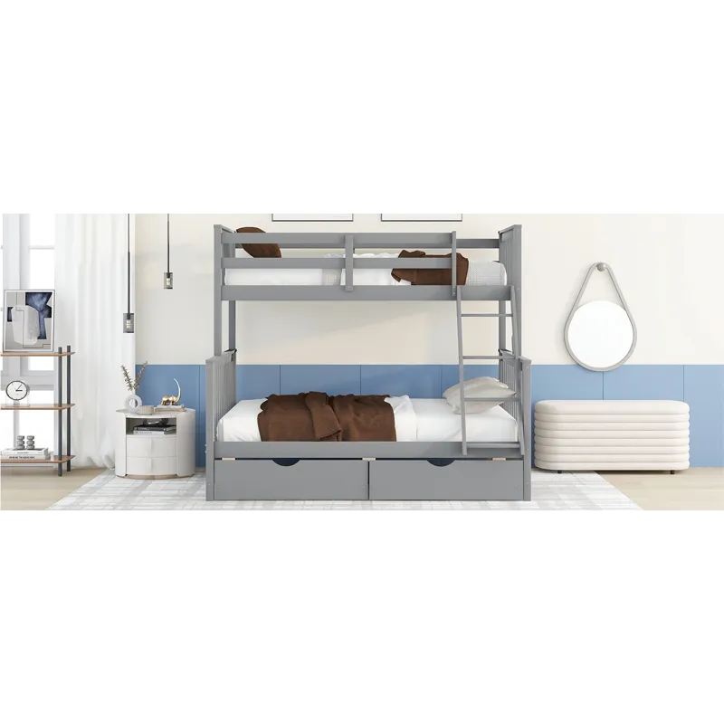 Twin Over Full Bunk Bed With Ladders And Two Storage Drawers - Gray