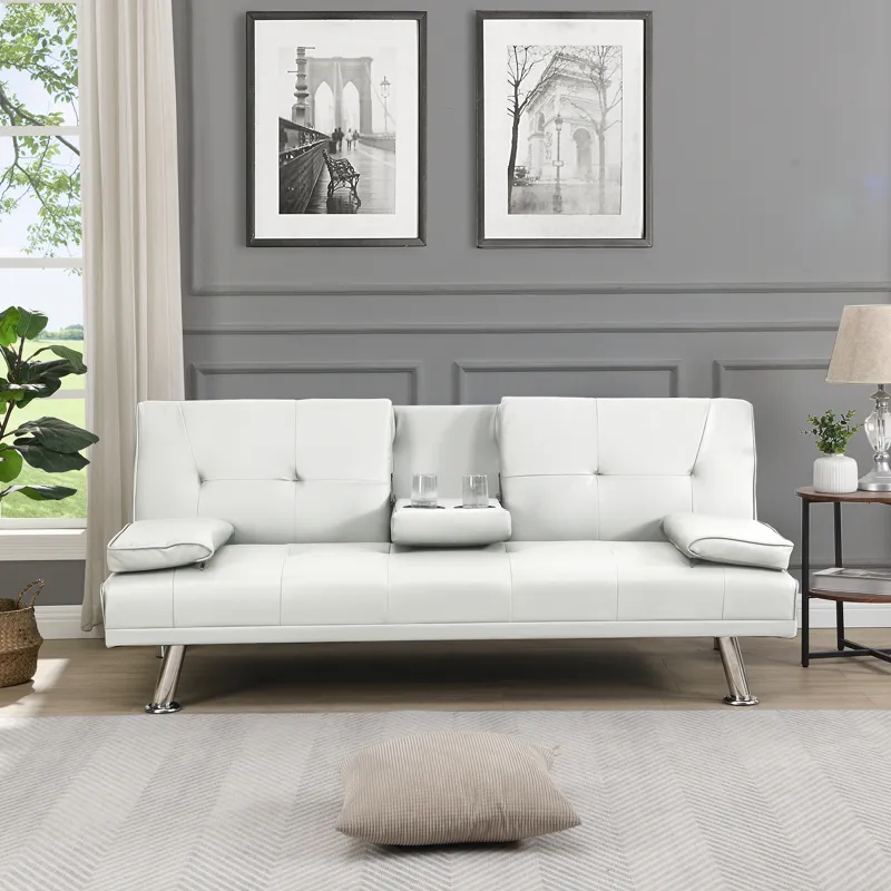 Futon Sofa Bed With Armrest Two Holders - White