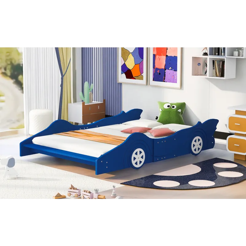 Full Size Race Car-Shaped Platform Bed With Wheels - Blue